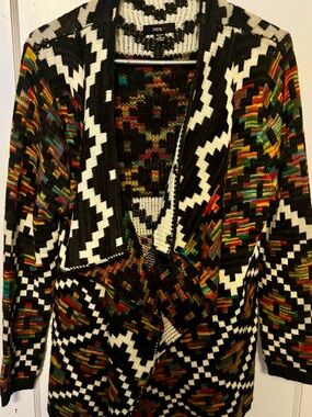 intro. Black & Multicolor Aztec Open-Front Knit Cardigan